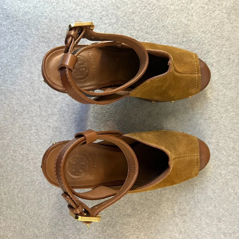 Tory Burch Bilson Heeled Clogs Shoes Brown Suede Leather Studded Womens Size 7